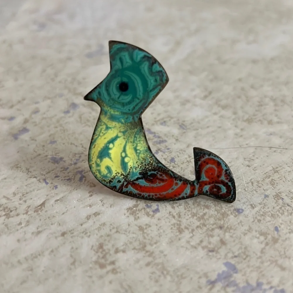 Vintage Enamel on Copper Pin Aztec Bird 1960s